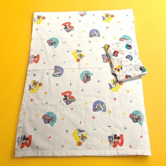 VTG Disney Mickey & Friends ABC Baby Blanket Satin Trim & Matching Crib Sheet